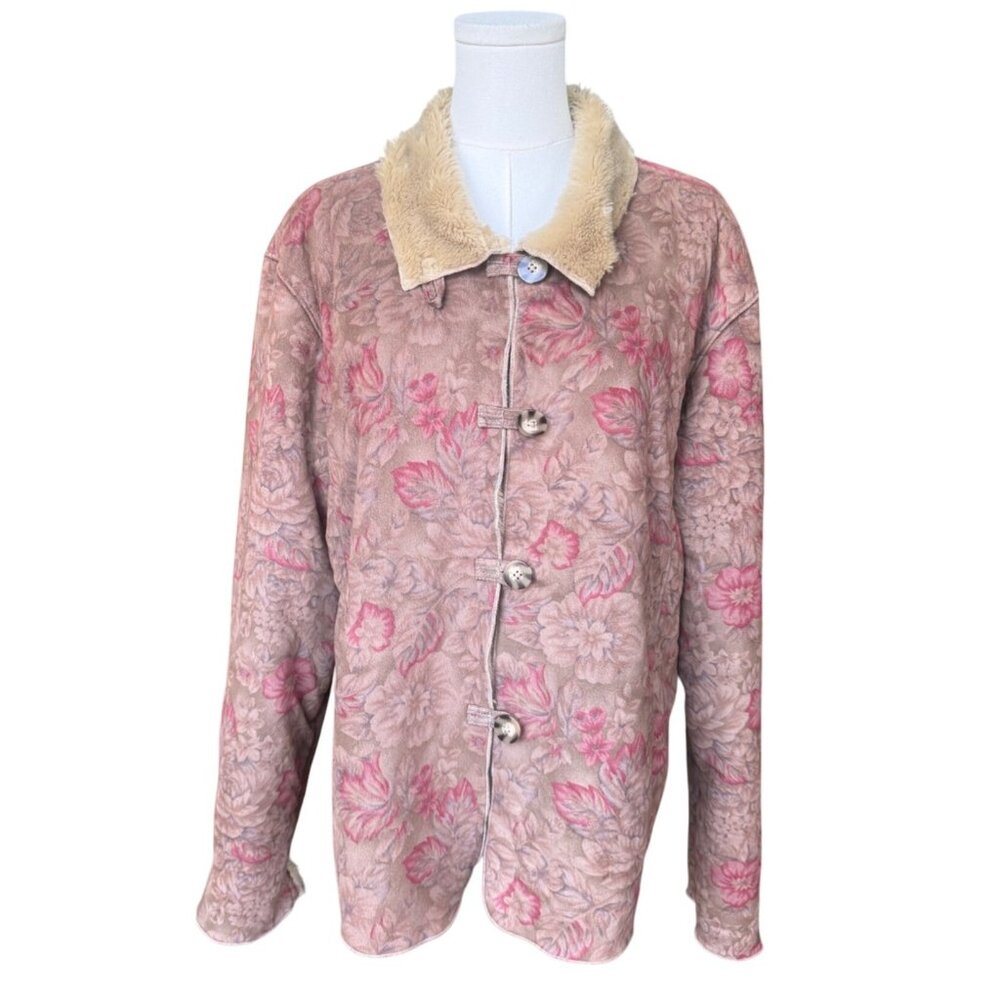 Coldwater Creek Printed Faux Suede‎ Sherpa Jacket Size XLP  WINTER WASHABLE Coat